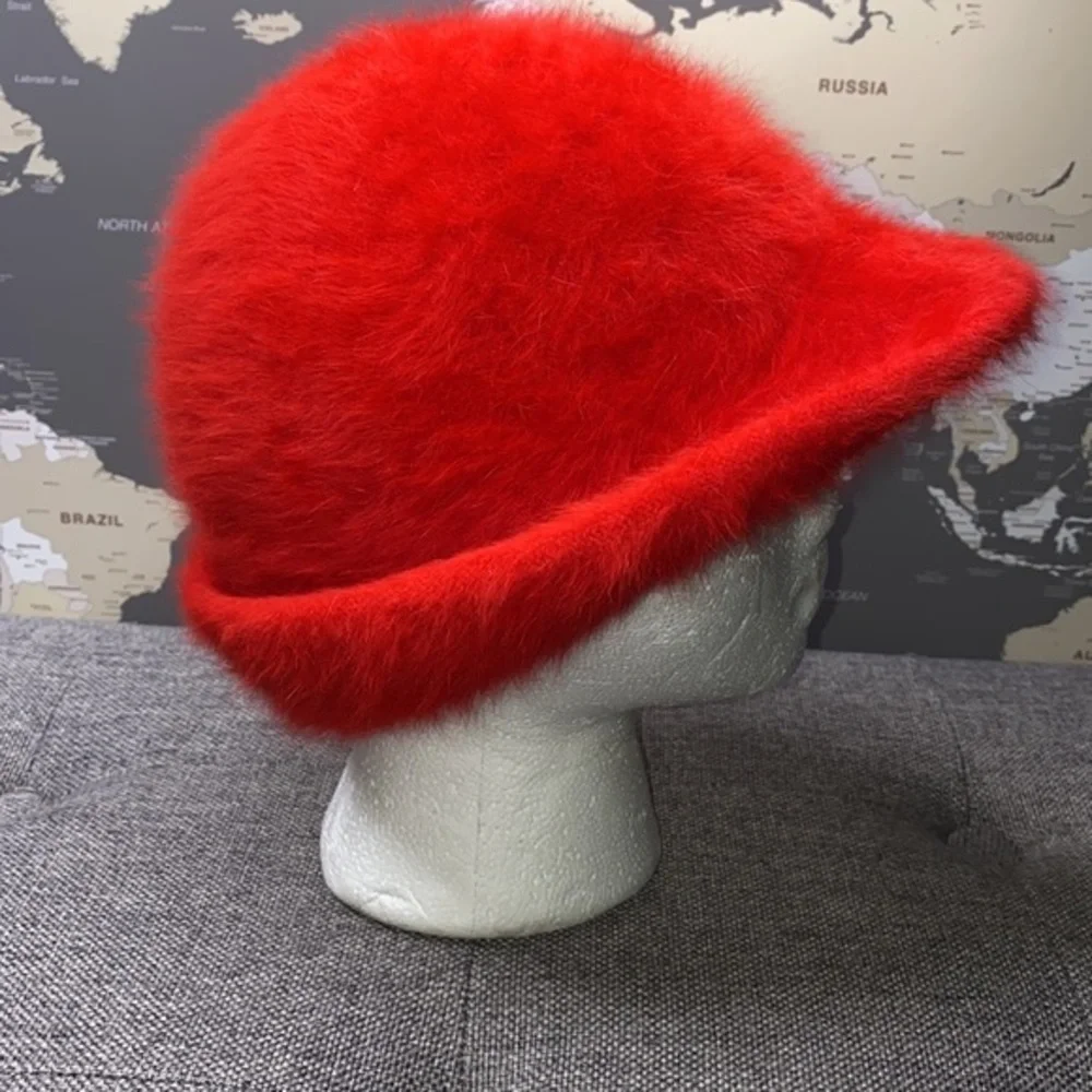 Vintage Red Angora Blend Fuzzy Cloche Bucket Hat – Soft & Cozy - Picture 5 of 8